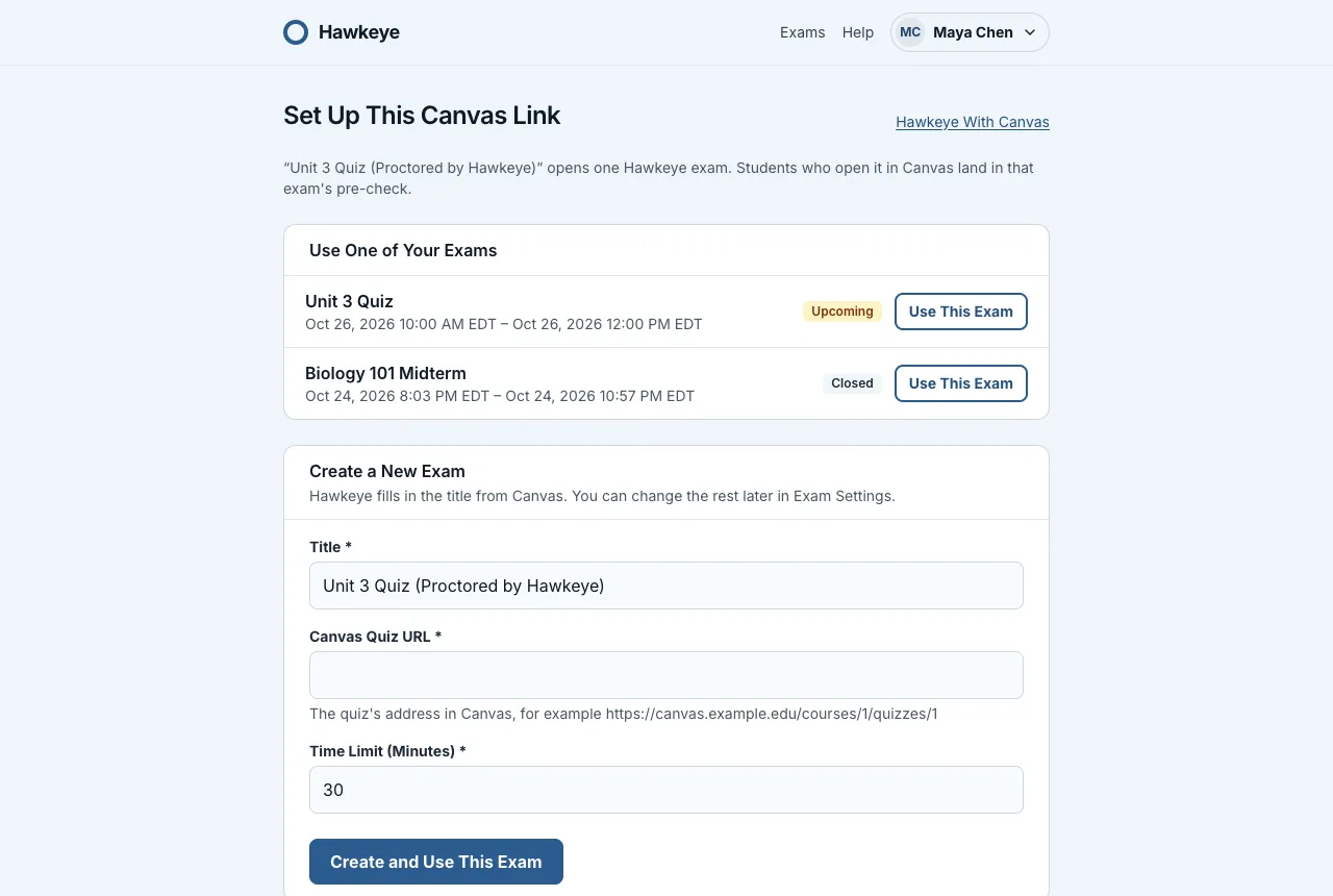 The Set Up This Canvas Link page with your exams on one card, each with its status and dates, and the Create a New Exam form on another