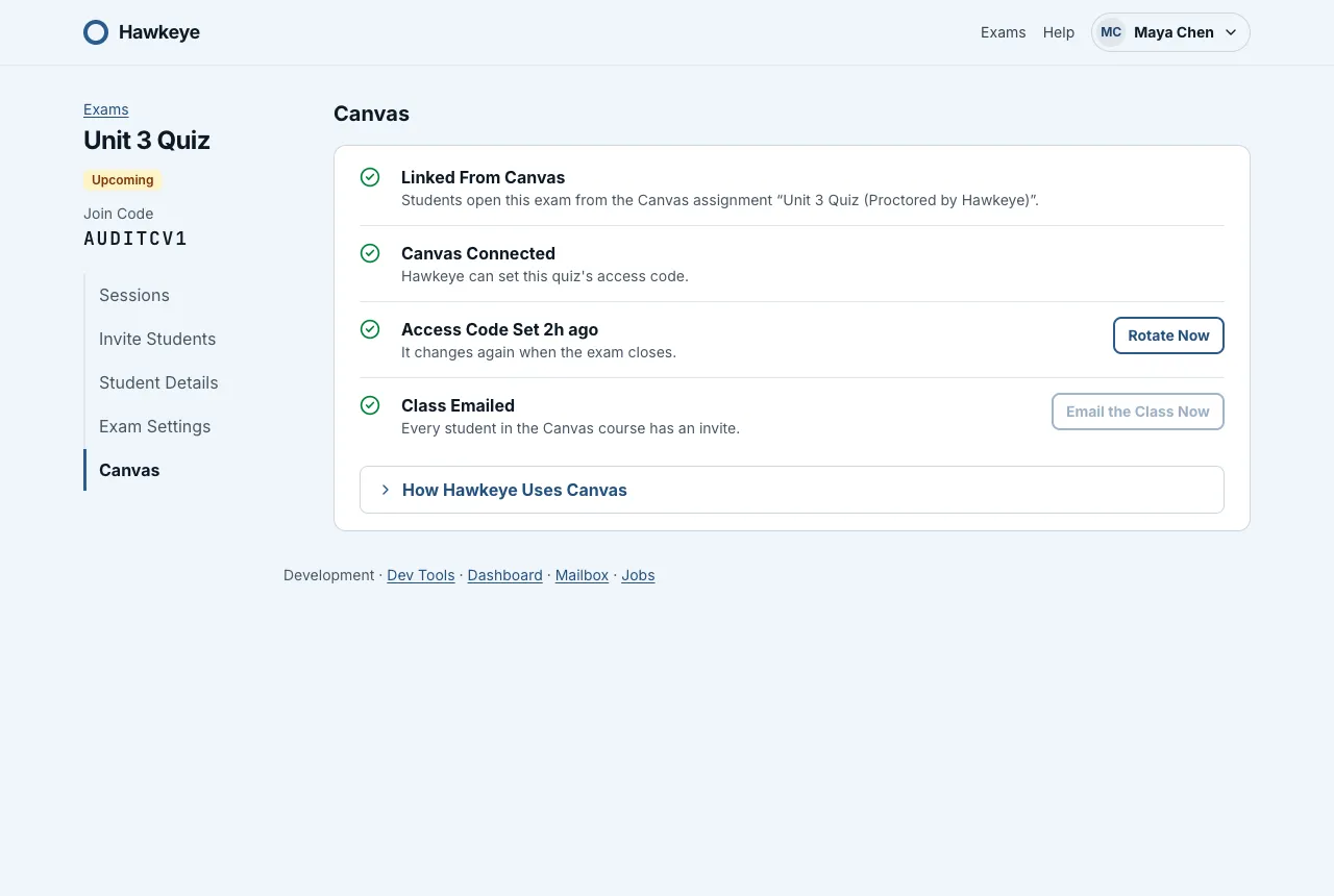 The exam page’s Canvas section: a checklist with Linked From Canvas, Canvas Connected, when Hawkeye set the access code with the Rotate Now button, and the class list