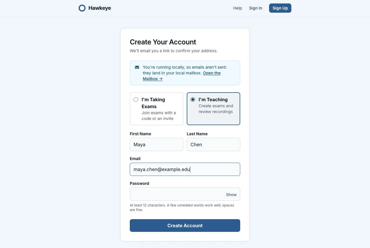 The Create Your Account form with the I’m Taking Exams and I’m Teaching choices, first name, last name, email and password inputs, and the Create Account button