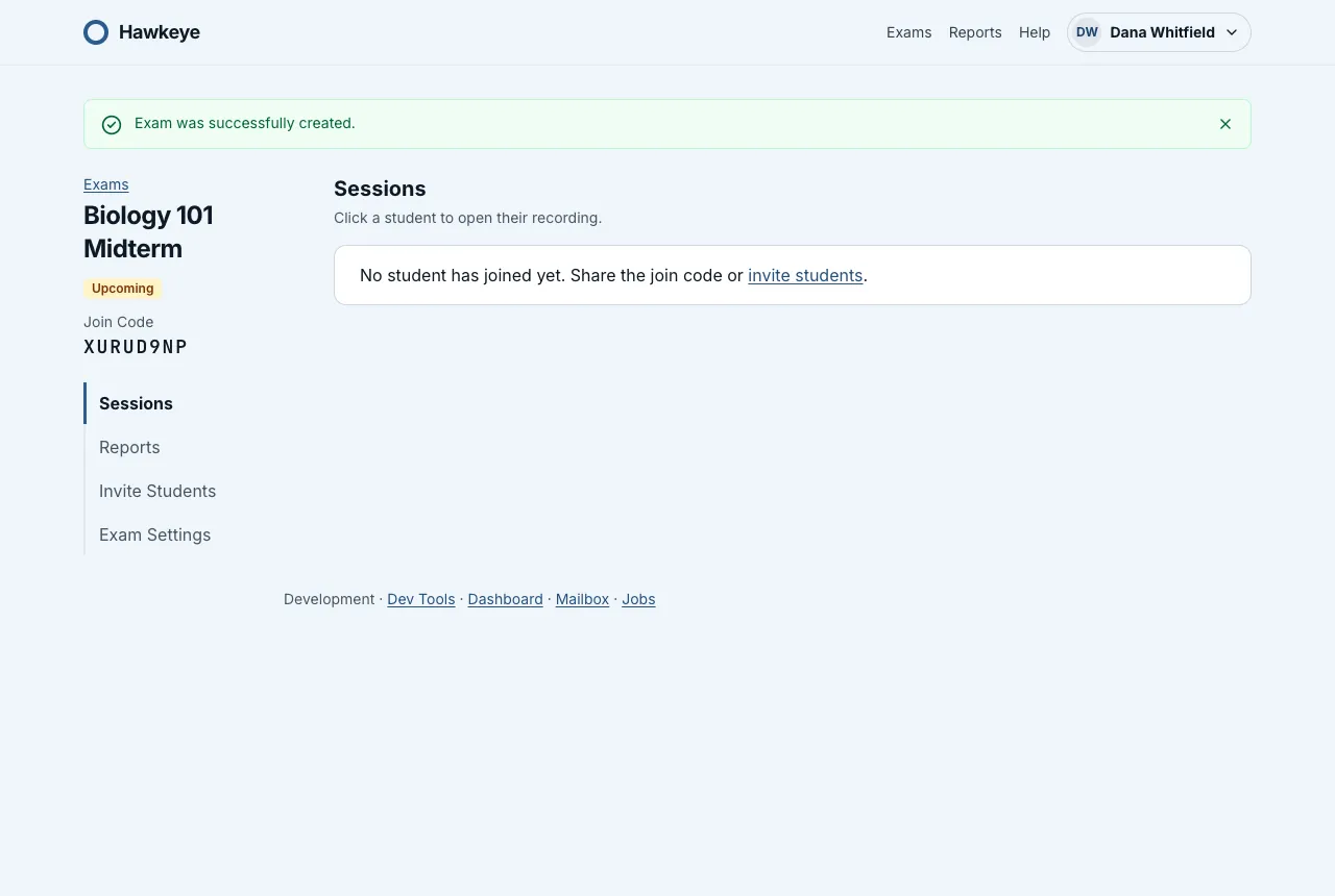 The new exam page with the title, the Upcoming status and the join code above the section rail, and an empty Sessions section