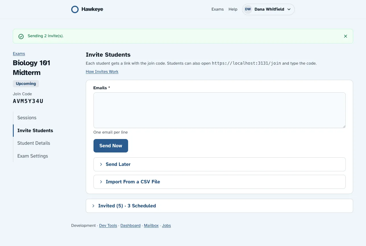 The Invite Students section with the Emails box, the Send Now button, the folded Send Later and Import From a CSV File sections and the folded “Invited (5) · 3 Scheduled” list