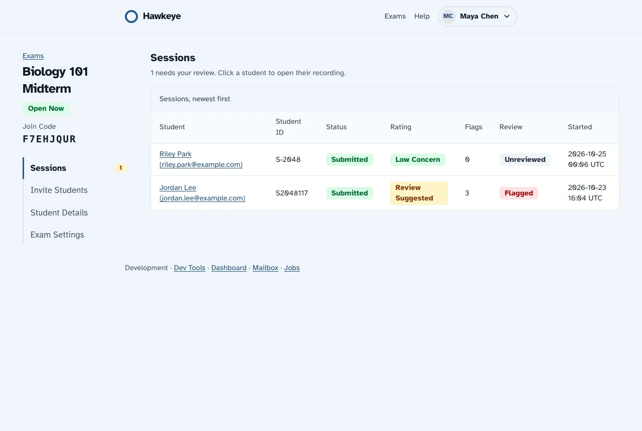 The Sessions section with two students, the Student ID column, the Submitted status, the Low Concern and Review Suggested ratings, and the Unreviewed and Flagged review states