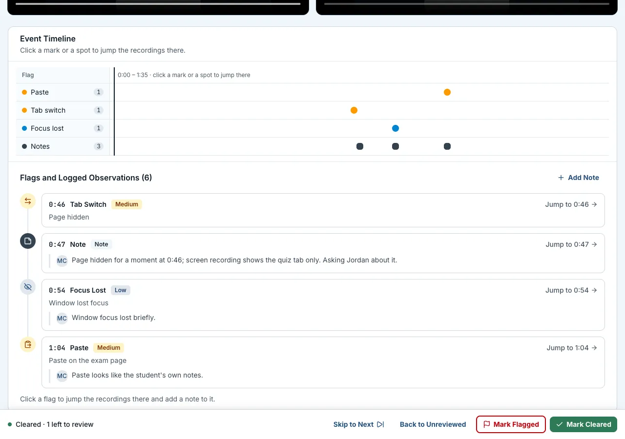The review page with the Event Timeline tracks and Flags and Logged Observations, notes under their flags with the reviewer’s initials