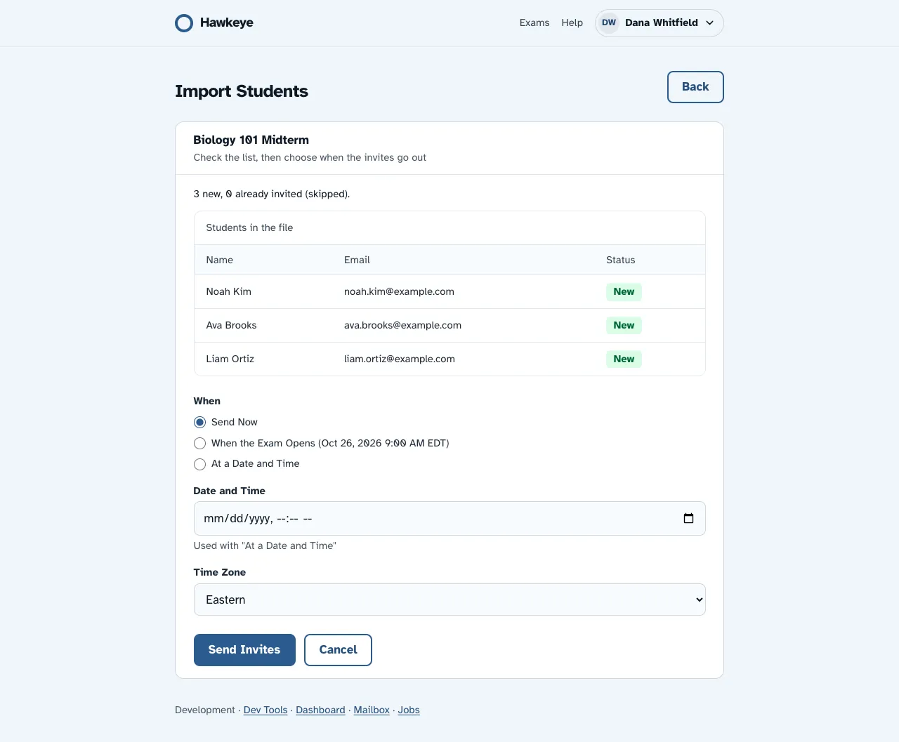 The Import Students page with three students marked New, the When choices, the Date and Time and Time Zone inputs and the Send Invites button