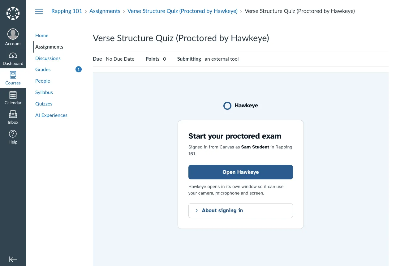 The Start your proctored exam page in Canvas with the Open Hawkeye button