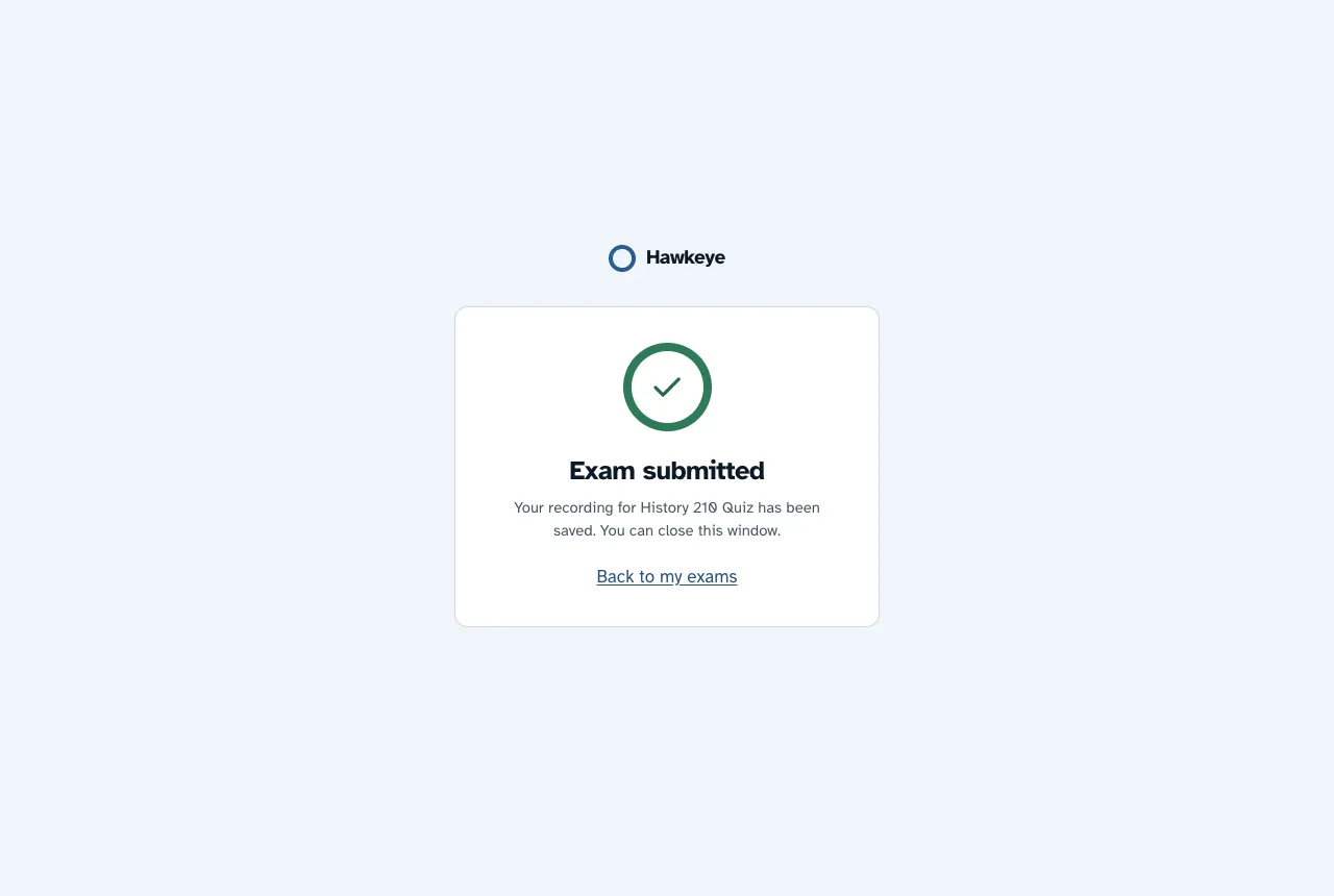 The Exam submitted page after Hawkeye ended the session by itself