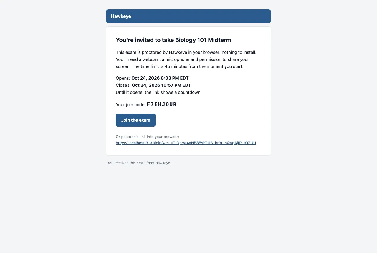 An invite email that shows the exam title, the open and close times, a link to the exam and the join code