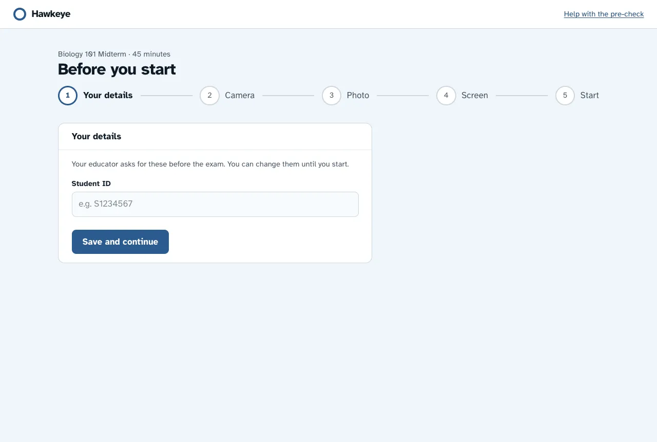 The Your Details step with a Student ID field and a Save and Continue button