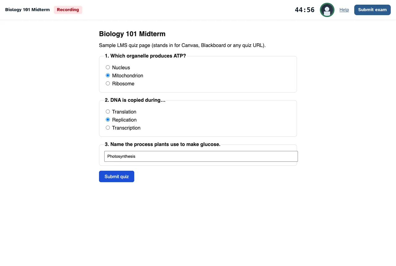 An exam inside Hawkeye, with the Recording badge, the timer, the camera picture and the Submit Exam button in the top bar